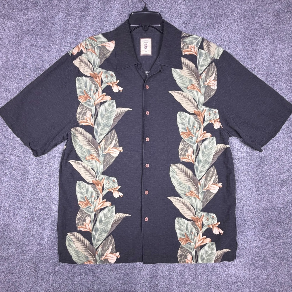 Jamaican‎ Jaxx Mens Medium Black 100% Silk Floral Leaf Print Camp Shirt GPU 001